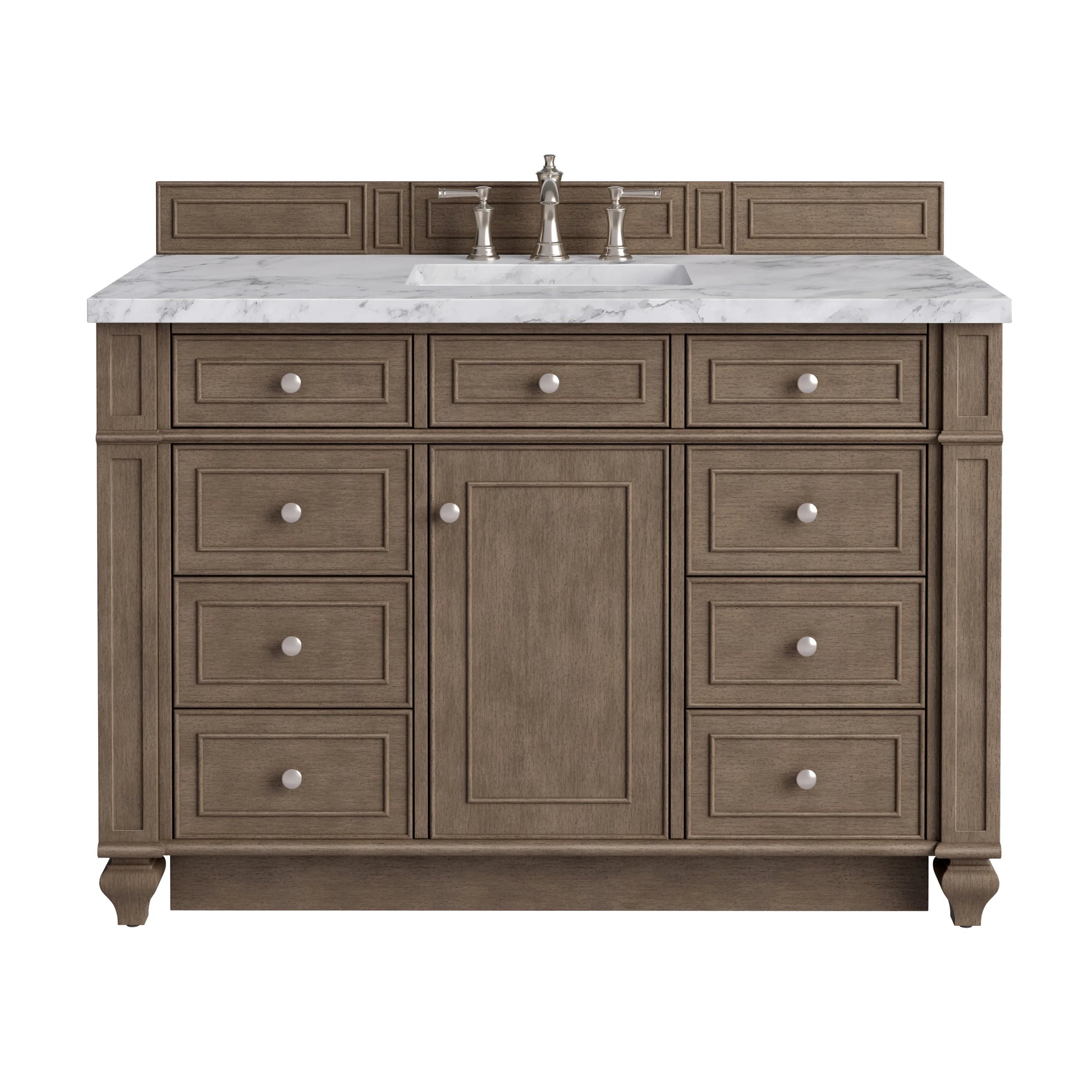Bristol 48" Single Vanity, Whitewashed Walnut w/ 3 CM Carrara Marble Top