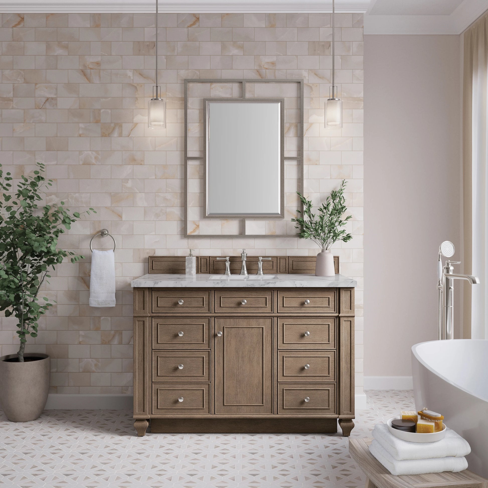Bristol 48" Single Vanity, Whitewashed Walnut w/ 3 CM Carrara Marble Top, view 2