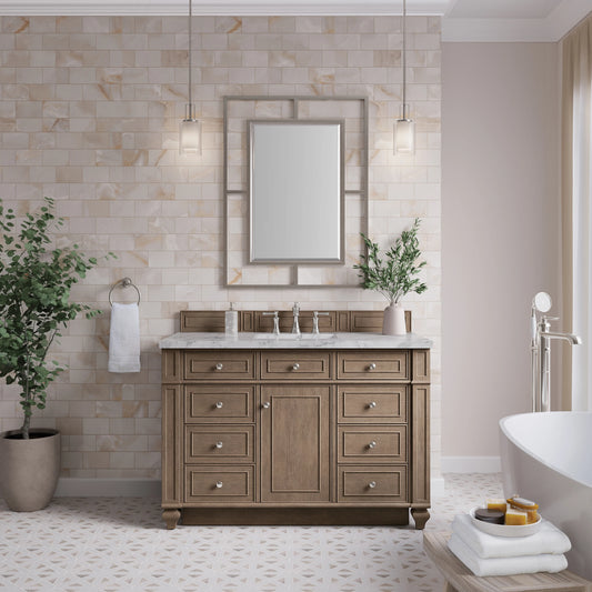 Bristol 48" Single Vanity, Whitewashed Walnut w/ 3 CM Carrara Marble Top, view 2