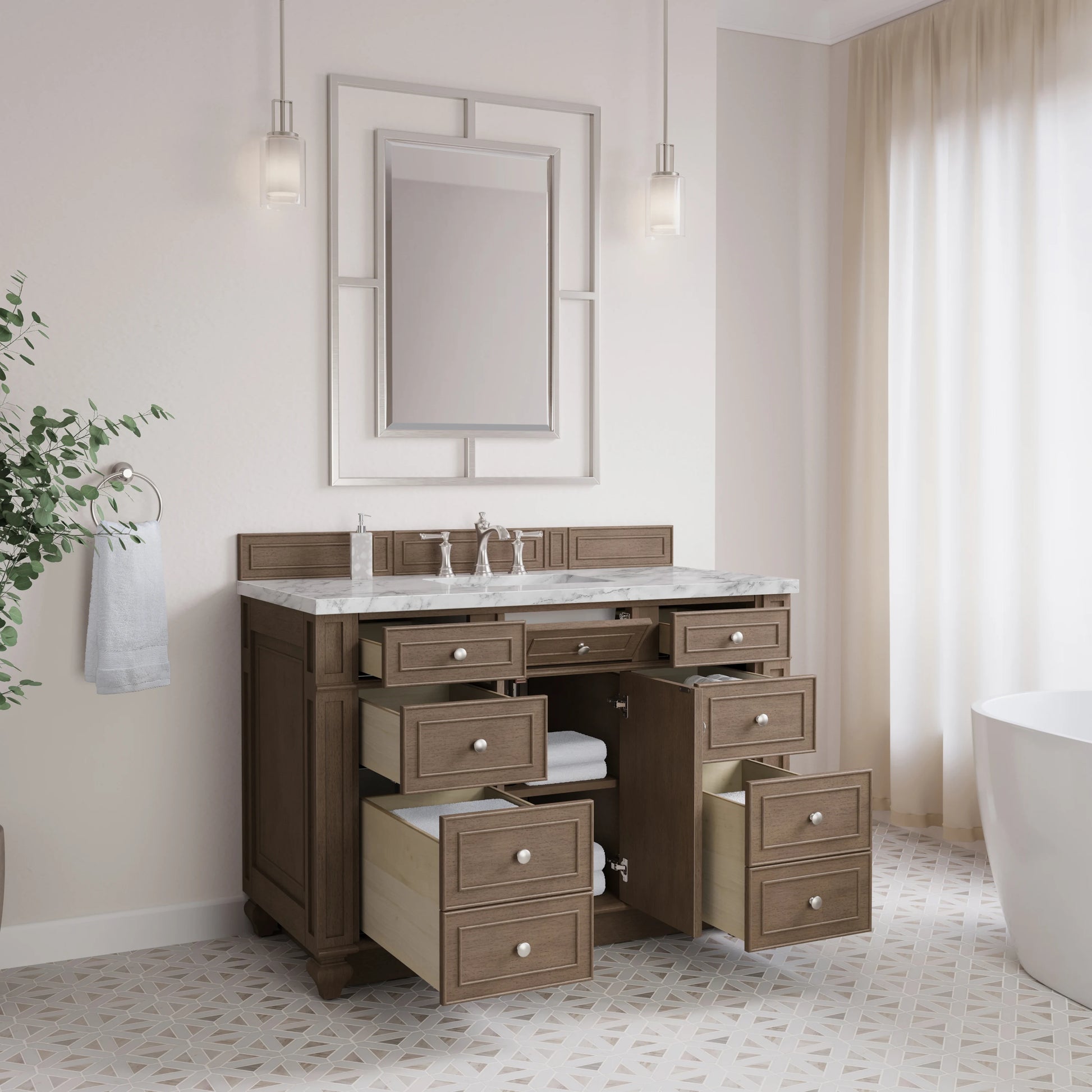 Bristol 48" Single Vanity, Whitewashed Walnut w/ 3 CM Carrara Marble Top, view 4