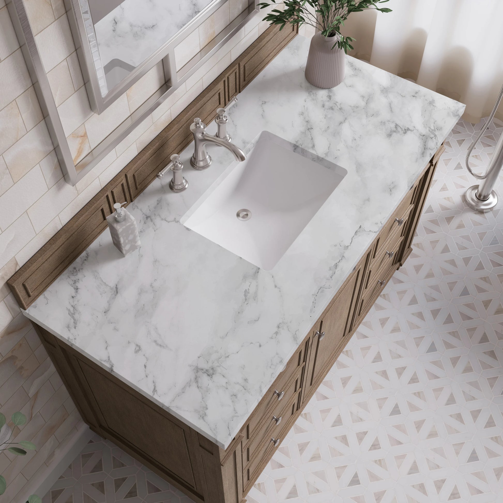 Bristol 48" Single Vanity, Whitewashed Walnut w/ 3 CM Carrara Marble Top, view 5