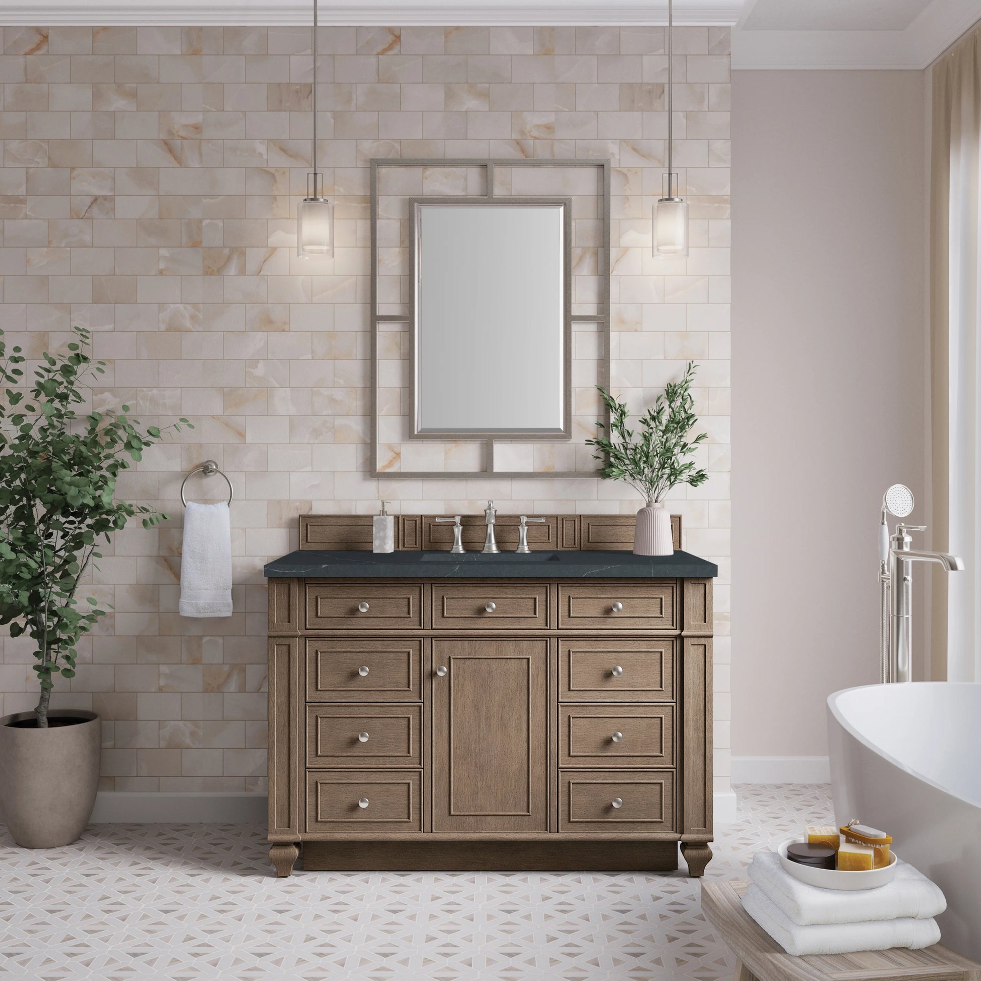 Bristol 48" Single Vanity, Whitewashed Walnut w/ 3 CM Charcoal Soapstone Silestone Top, view 2