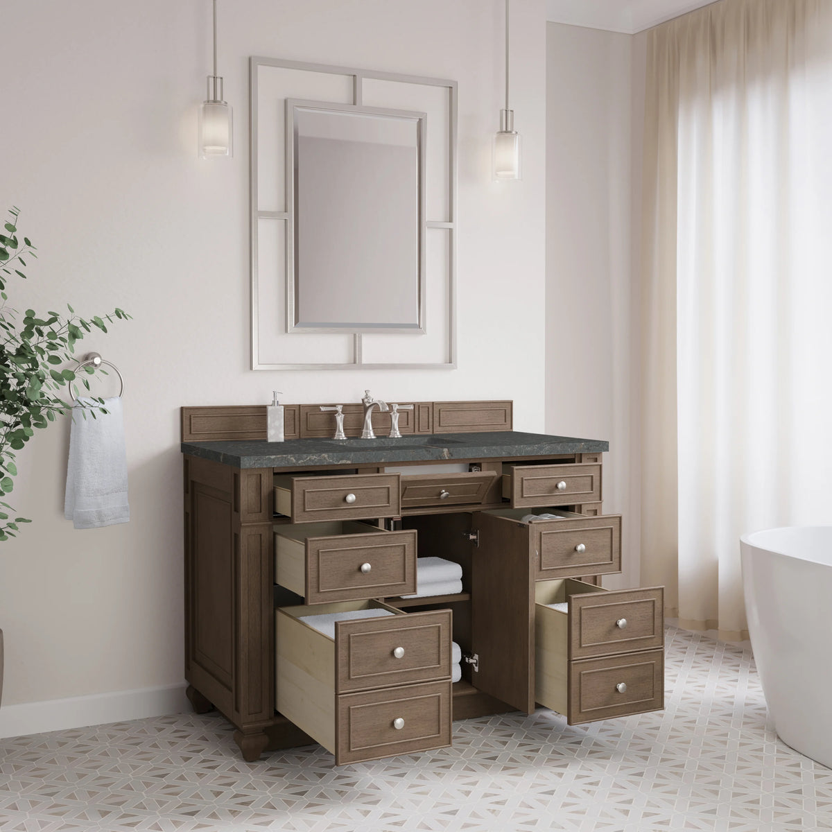 Bristol 48" Single Vanity, Whitewashed Walnut w/ 3 CM Parisien Bleu Silestone Top, view 4
