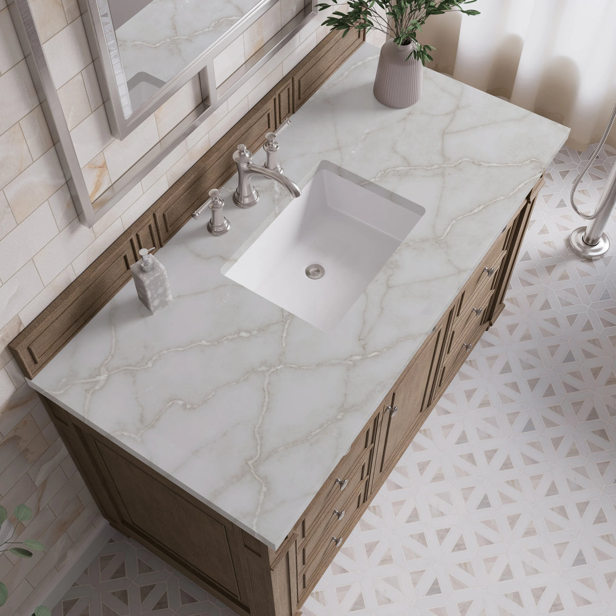 Bristol 48" Single Vanity, Whitewashed Walnut w/ 3 CM Victorian Silver Silestone Top, view 5