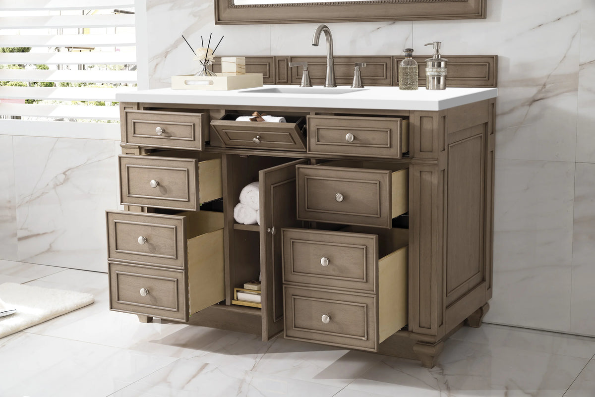 Bristol 48" Single Vanity, Whitewashed Walnut w/ 3 CM White Zeus Silestone Top, view 4