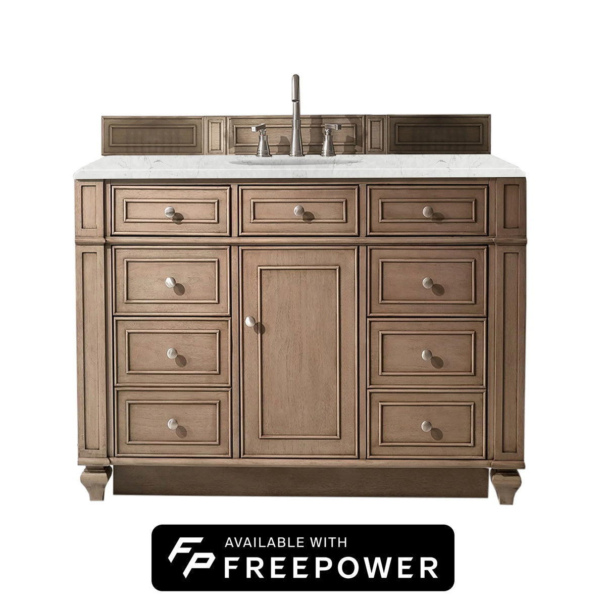 Bristol 48" Single Vanity, Whitewashed Walnut w/ 3 CM Eternal Jasmine Pearl Silestone Top w/ FreePower Wireless Charger