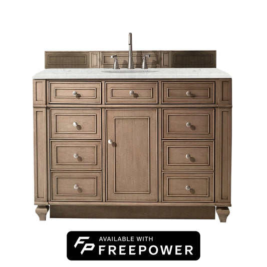 Bristol 48" Single Vanity, Whitewashed Walnut w/ 3 CM Eternal Jasmine Pearl Silestone Top w/ FreePower Wireless Charger