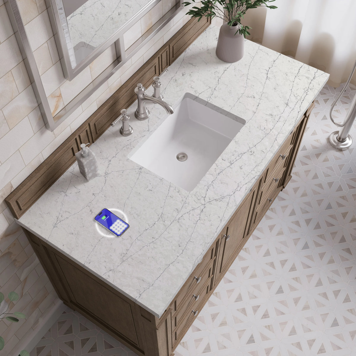 Bristol 48" Single Vanity, Whitewashed Walnut w/ 3 CM Eternal Jasmine Pearl Silestone Top w/ FreePower Wireless, view 8