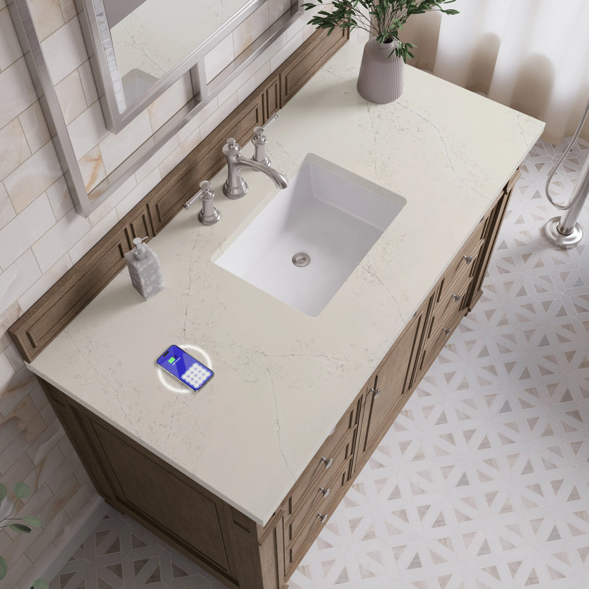 Bristol 48" Single Vanity, Whitewashed Walnut, w/ 3 CM Siberian Silestone Top w/FreePower Wireless Charger, view 7