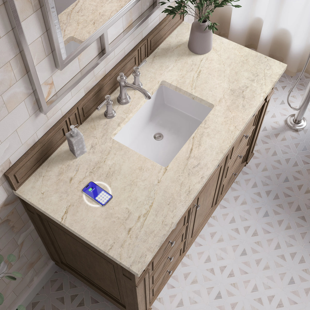 Bristol 48" Single Vanity, Whitewashed Walnut, w/ 3 CM Tajnar Eclos Top w/FreePower Wireless Charger, view 7