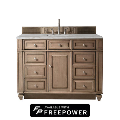 Bristol 48" Single Vanity, Whitewashed Walnut w/ 3 CM Victorian Silver Silestone Top w/ FreePower Wireless Charger