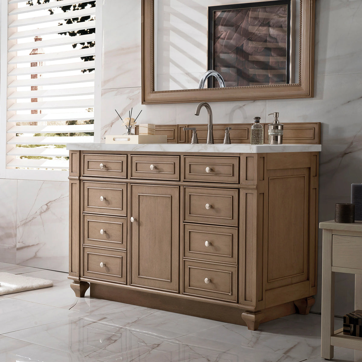 Bristol 48" Single Vanity, Whitewashed Walnut w/ 3 CM Victorian Silver Silestone Top w/ FreePower Wireless Char, view 6