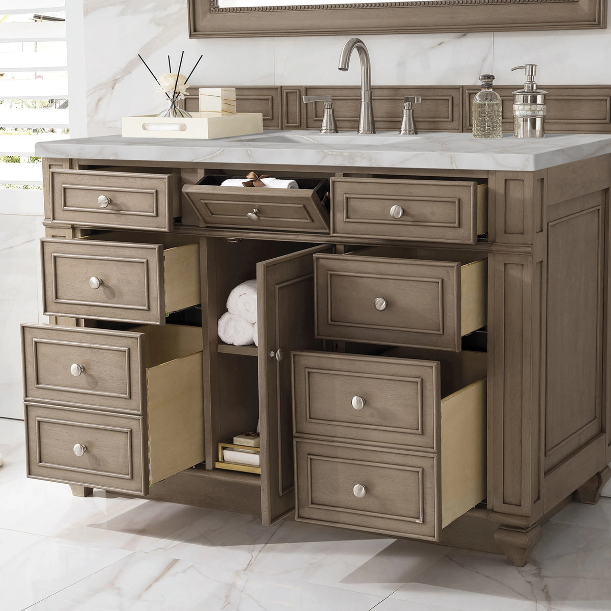 Bristol 48" Single Vanity, Whitewashed Walnut w/ 3 CM Victorian Silver Silestone Top w/ FreePower Wireless Char, view 7