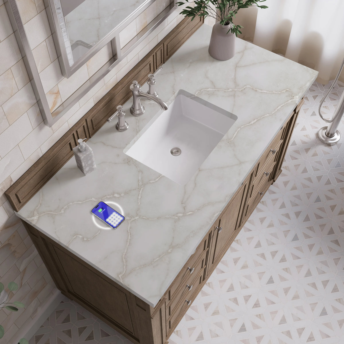 Bristol 48" Single Vanity, Whitewashed Walnut w/ 3 CM Victorian Silver Silestone Top w/ FreePower Wireless Char, view 8