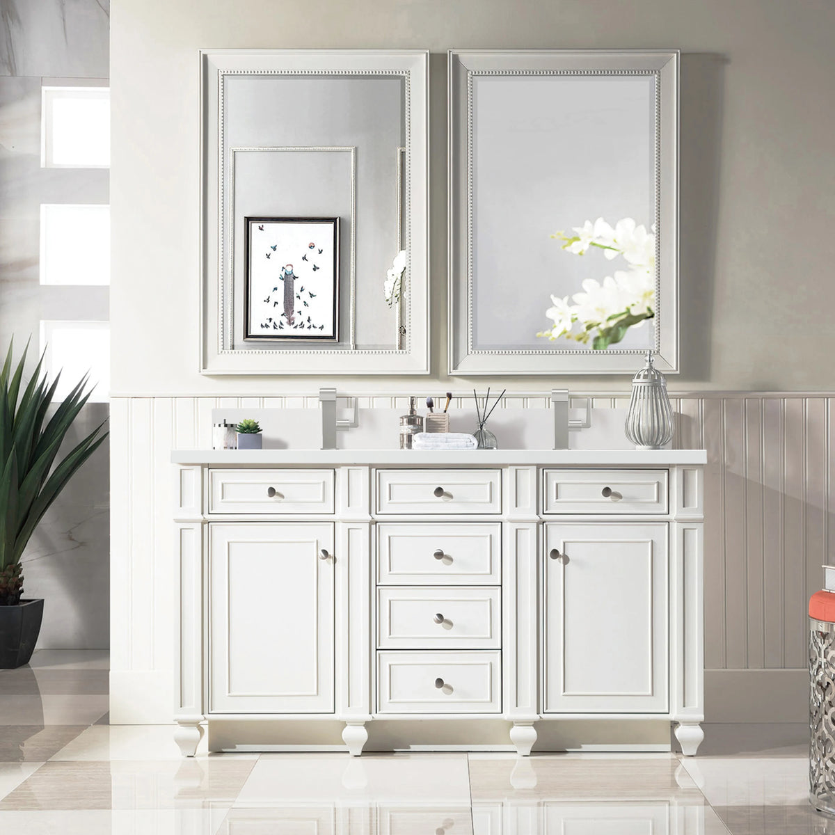 Bristol 60" Double Vanity, Bright White w/ Single Hole 3 CM White Zeus Silestone Top & Backsplash, view 2