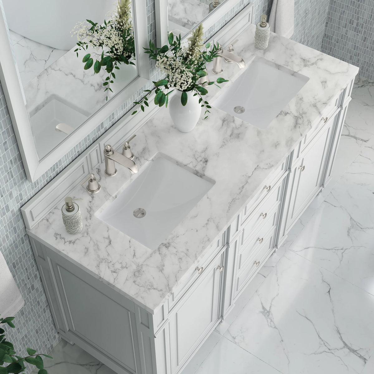 Bristol 60" Double Vanity, Bright White w/ 3 CM Carrara Marble Top, view 6