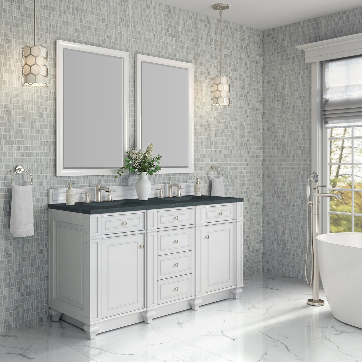 Bristol 60" Double Vanity, Bright White w/ 3 CM Charcoal Soapstone Silestone Top, view 3