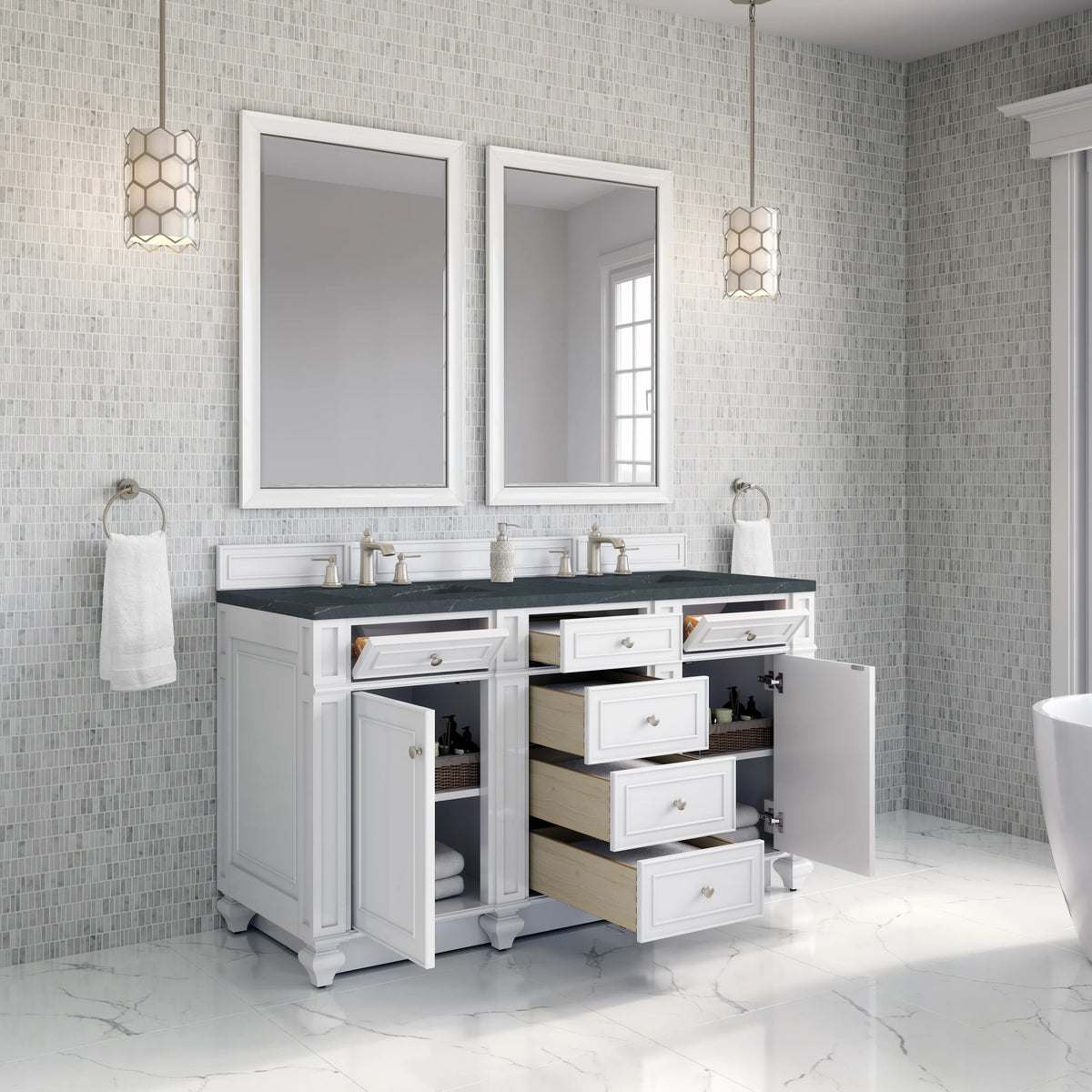 Bristol 60" Double Vanity, Bright White w/ 3 CM Charcoal Soapstone Silestone Top, view 4