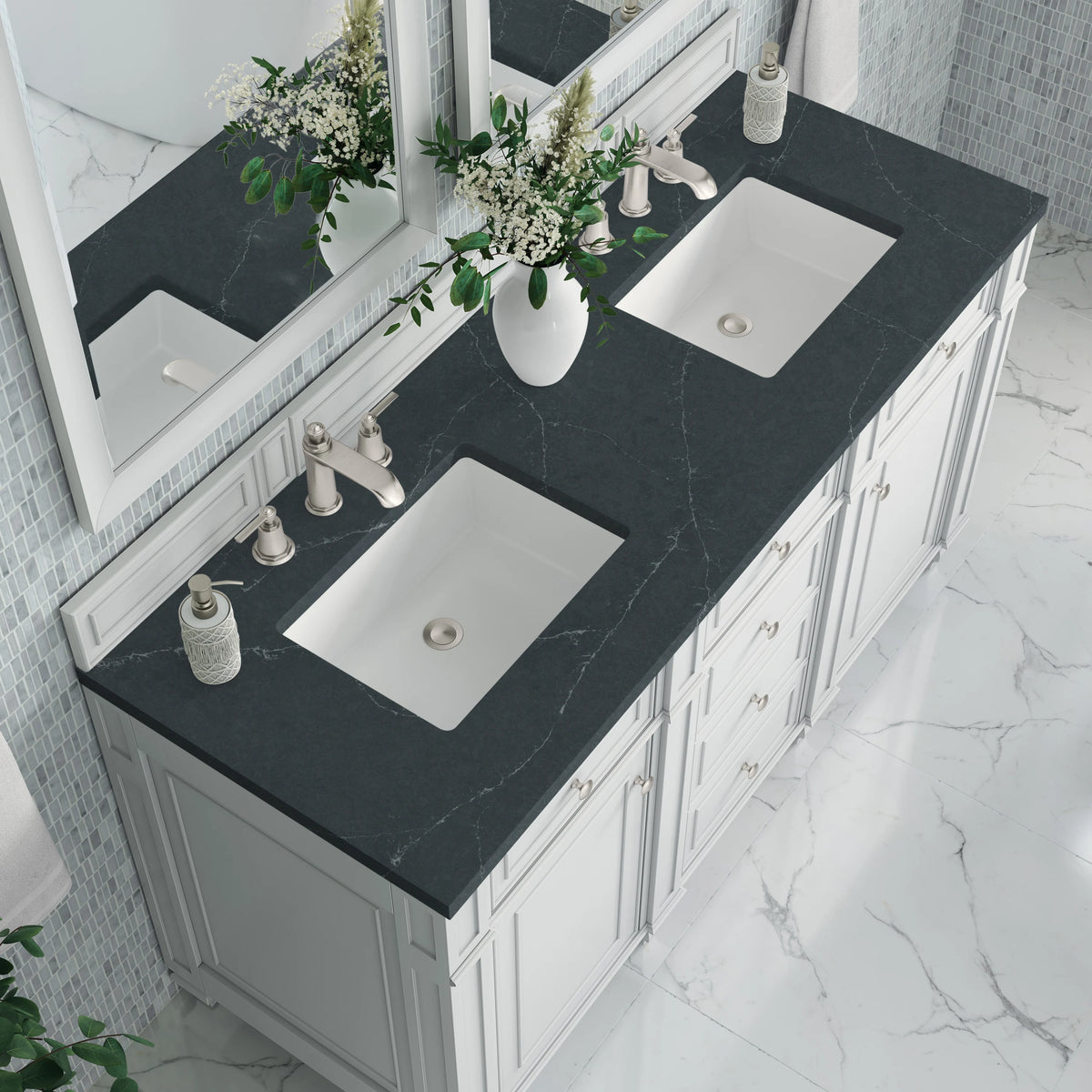 Bristol 60" Double Vanity, Bright White w/ 3 CM Charcoal Soapstone Silestone Top, view 5