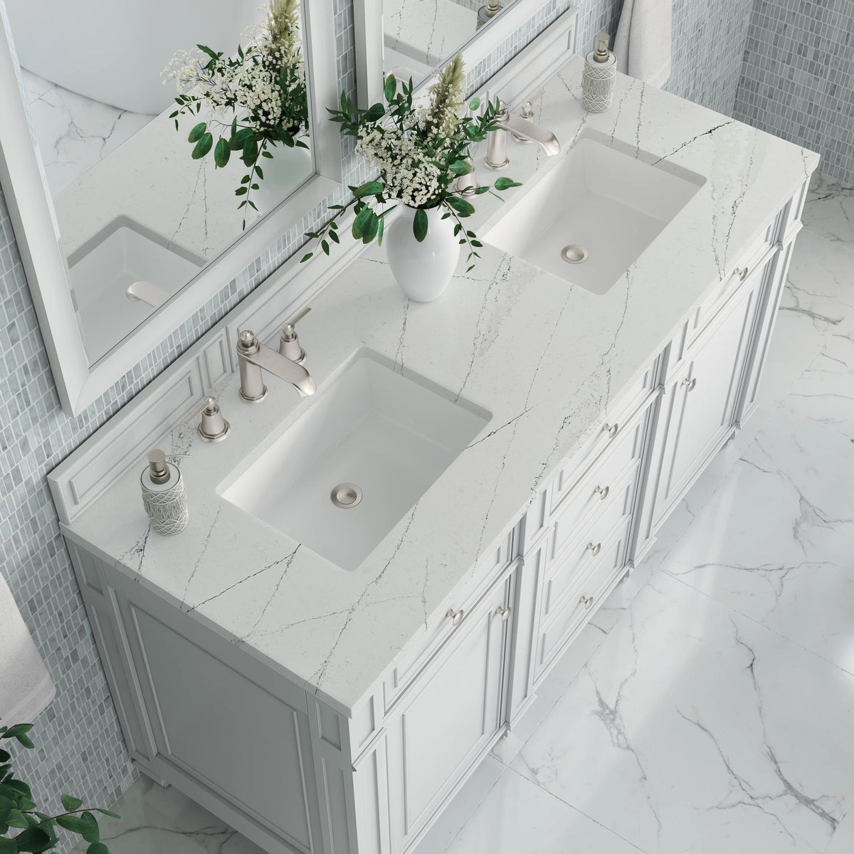 Bristol 60" Double Vanity, Bright White w/ 3 CM Ethereal Noctis Silestone Top, view 5