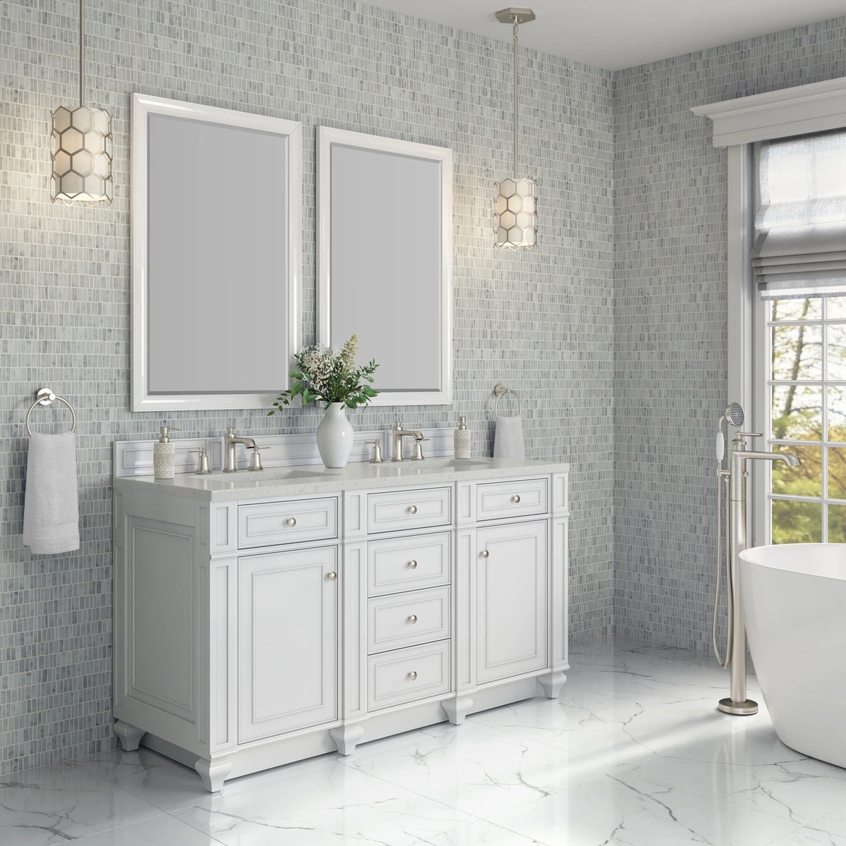Bristol 60" Double Vanity, Bright White w/ 3 CM Lime Delight Silestone Top, view 3