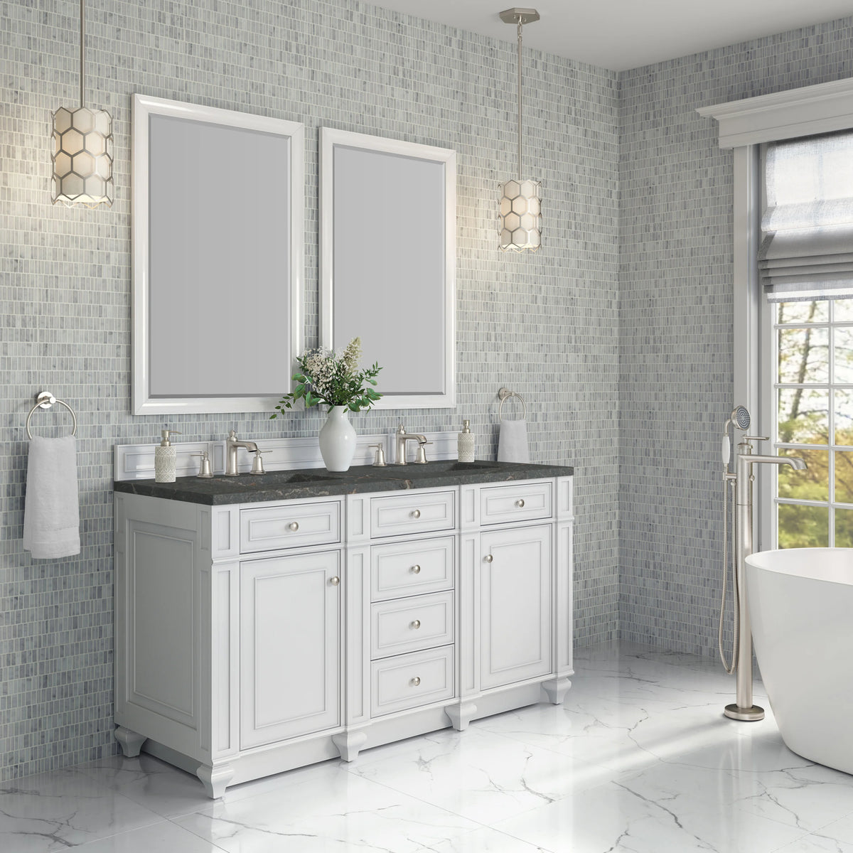 Bristol 60" Double Vanity, Bright White w/ 3 CM Parisien Bleu Silestone Top, view 3