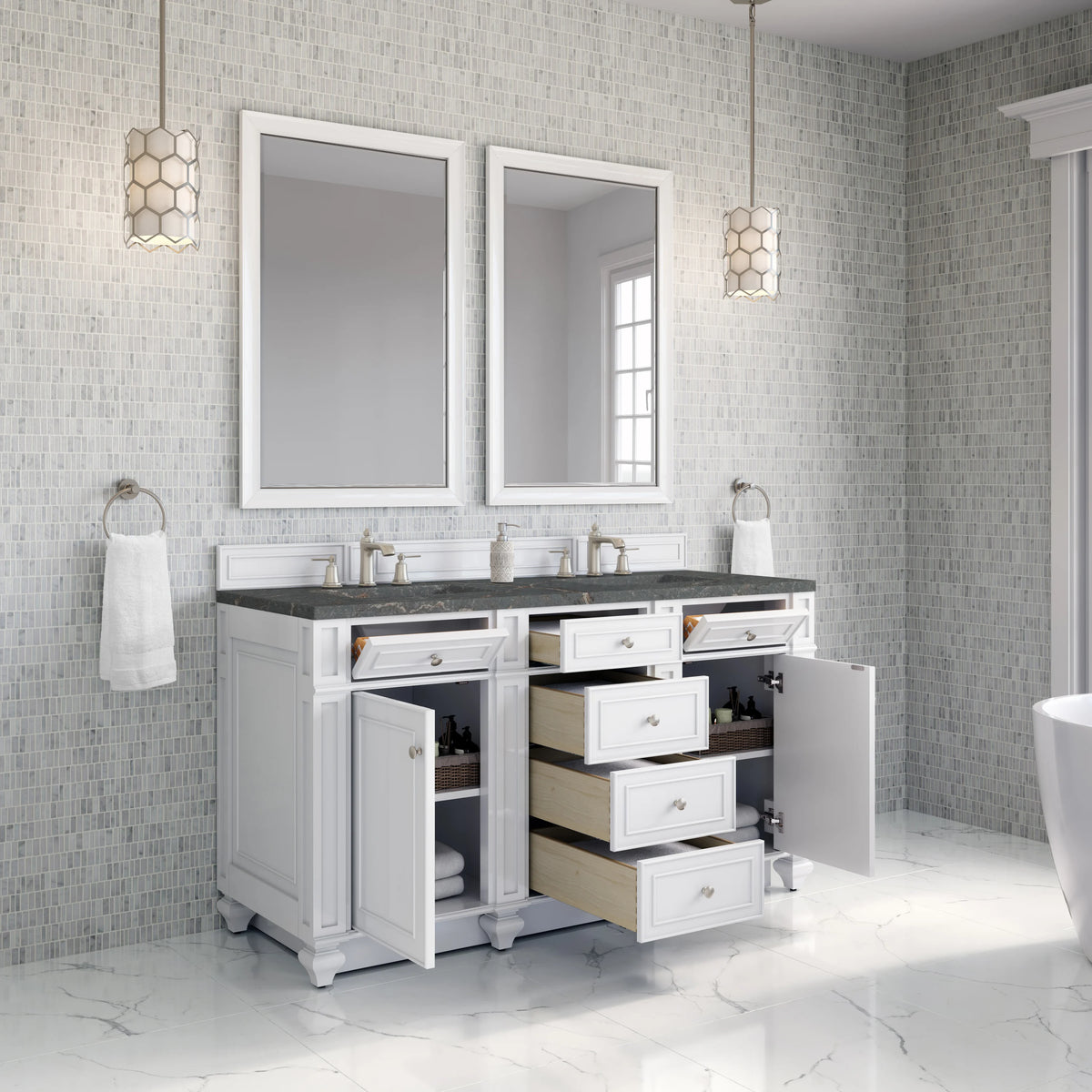 Bristol 60" Double Vanity, Bright White w/ 3 CM Parisien Bleu Silestone Top, view 4