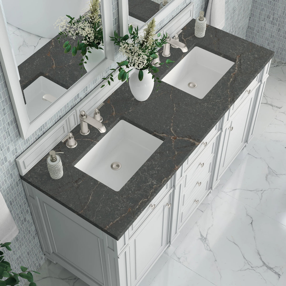 Bristol 60" Double Vanity, Bright White w/ 3 CM Parisien Bleu Silestone Top, view 6