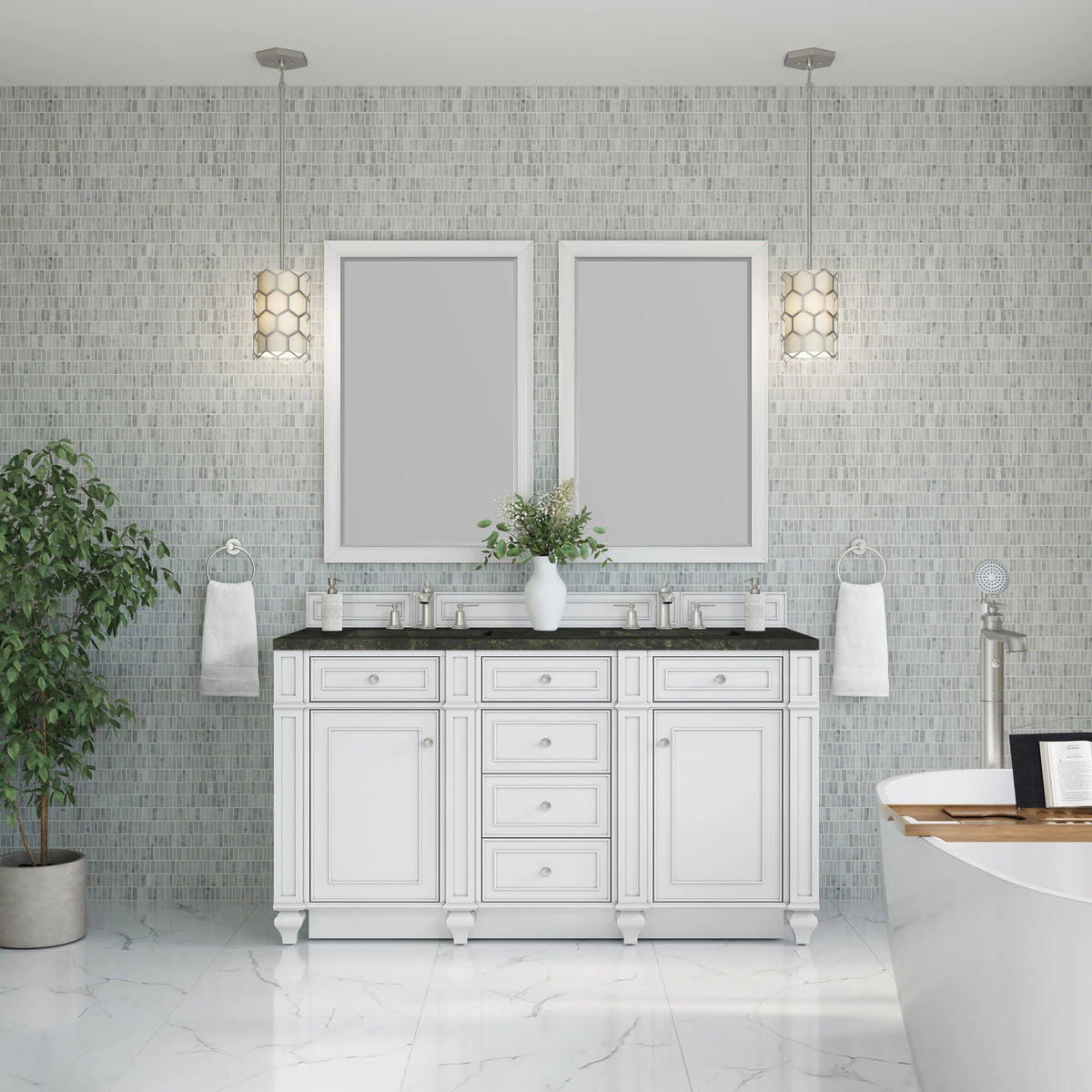 Bristol 60" Double Vanity, Bright White, w/ 3 CM Phantome Eclos Top, view 2