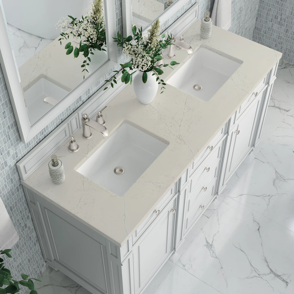 Bristol 60" Double Vanity, Bright White, w/ 3 CM Siberian Silestone Top, view 6