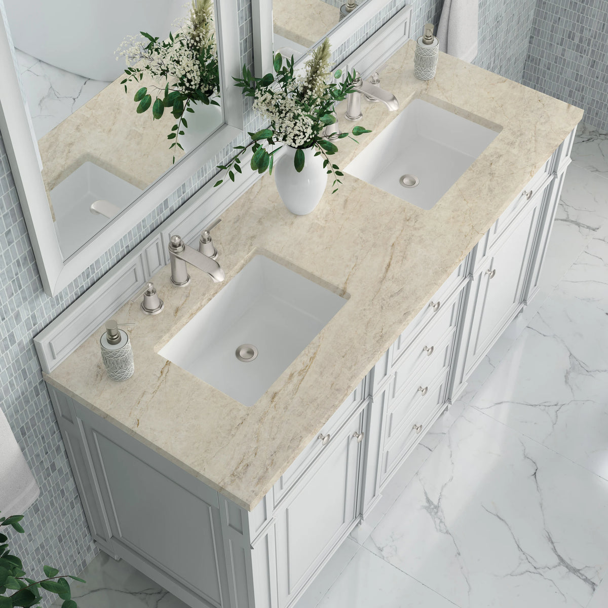 Bristol 60" Double Vanity, Bright White, w/ 3 CM Tajnar Eclos Top, view 6