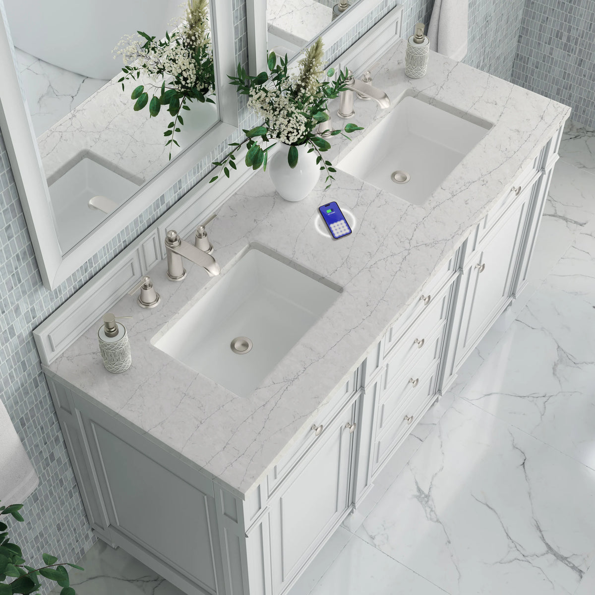 Bristol 60" Double Vanity, Bright White w/ 3 CM Eternal Jasmine Pearl Silestone Top w/FreePower Wireless Charger, view 9