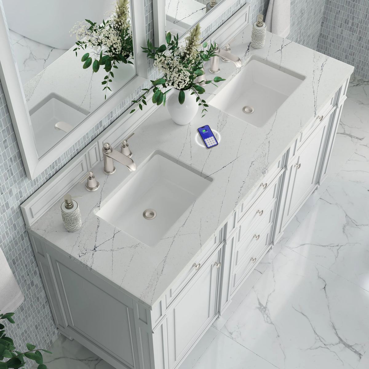 Bristol 60" Double Vanity, Bright White w/ 3 CM Ethereal Noctis Silestone Top w/FreePower Wireless Charger, view 9