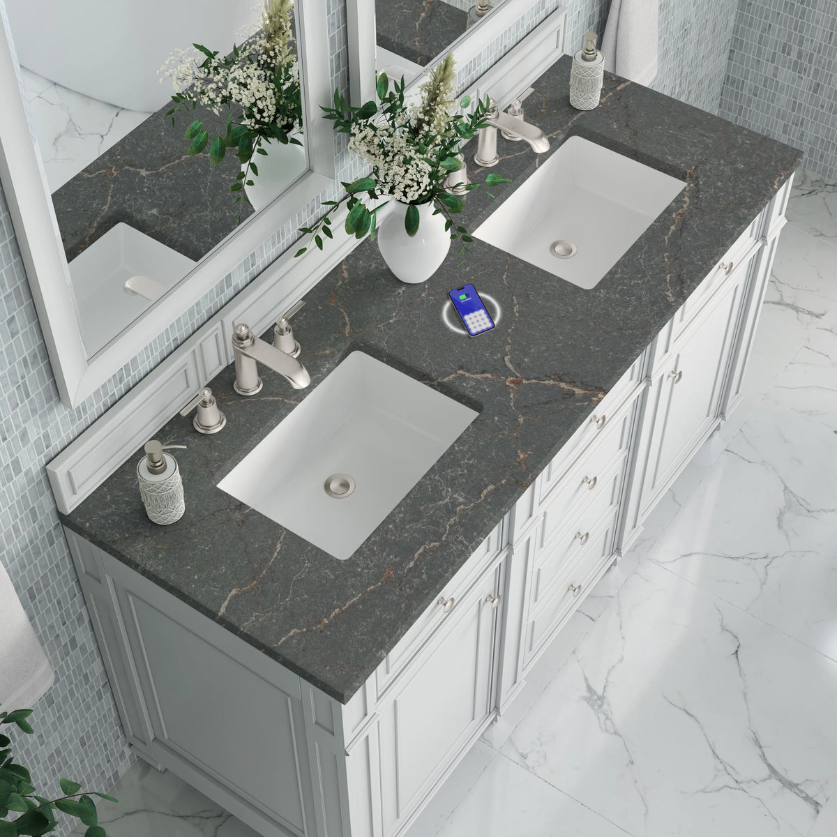 Bristol 60" Double Vanity, Bright White w/ 3 CM Parisien Bleu Silestone Top w/FreePower Wireless Charger, view 9
