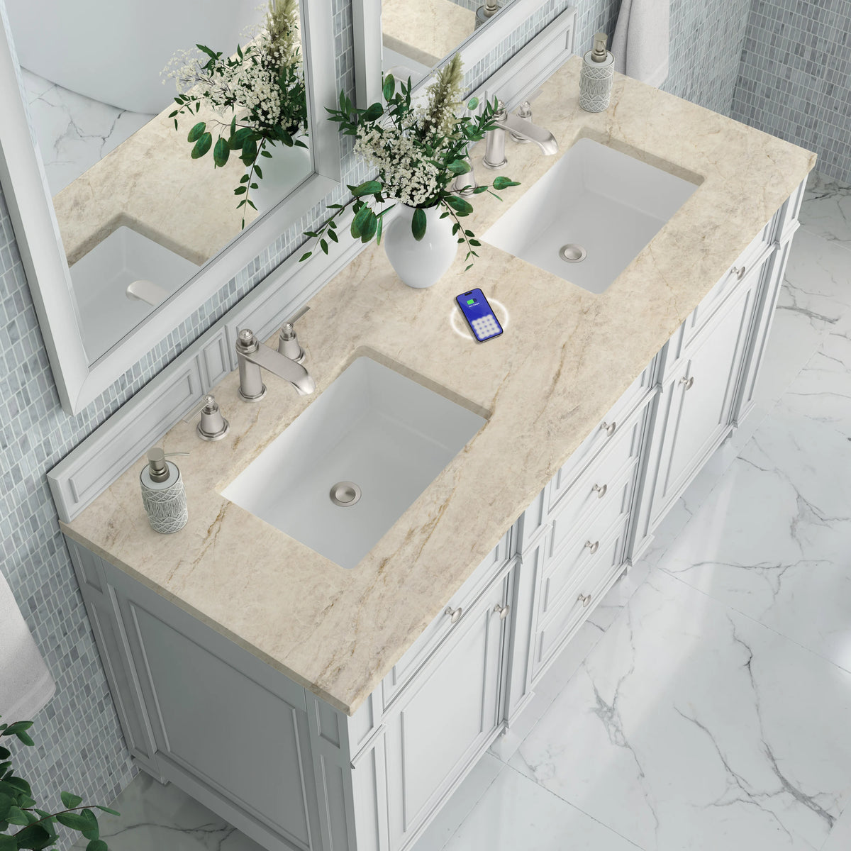 Bristol 60" Double Vanity, Bright White, w/ 3 CM Tajnar Eclos Top w/FreePower Wireless Charger, view 8