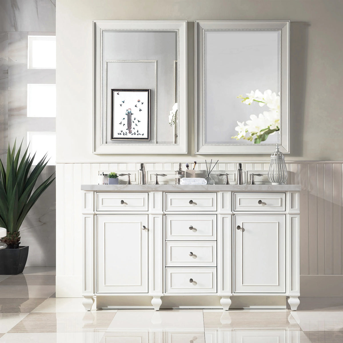 Bristol 60" Double Vanity, Bright White w/ 3 CM Victorian Silver Silestone Top w/FreePower Wireless Charger, view 5