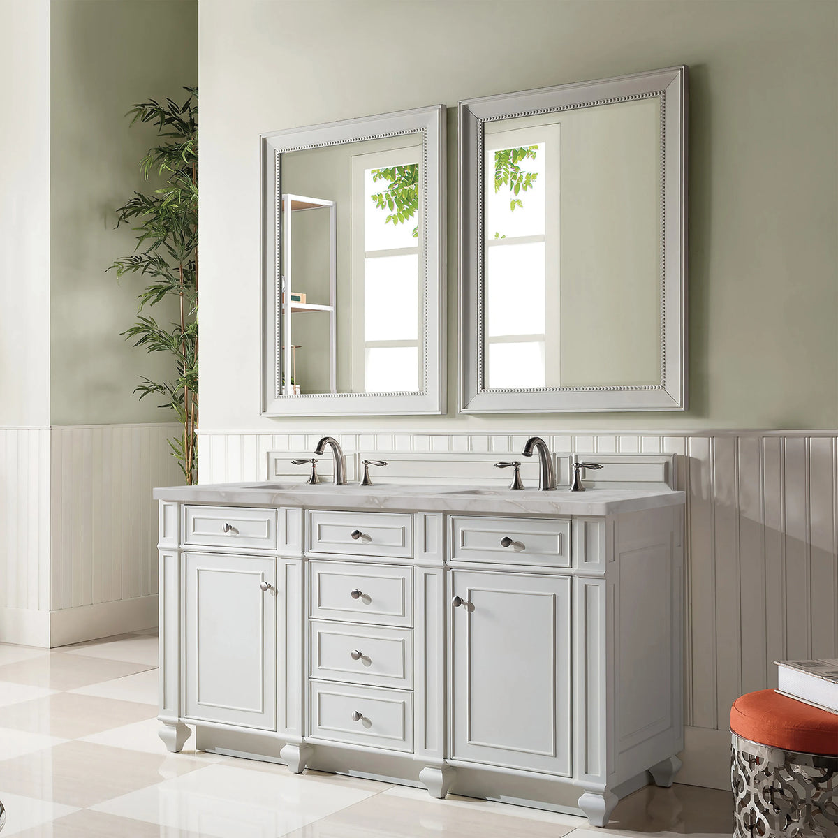 Bristol 60" Double Vanity, Bright White w/ 3 CM Victorian Silver Silestone Top w/FreePower Wireless Charger, view 6