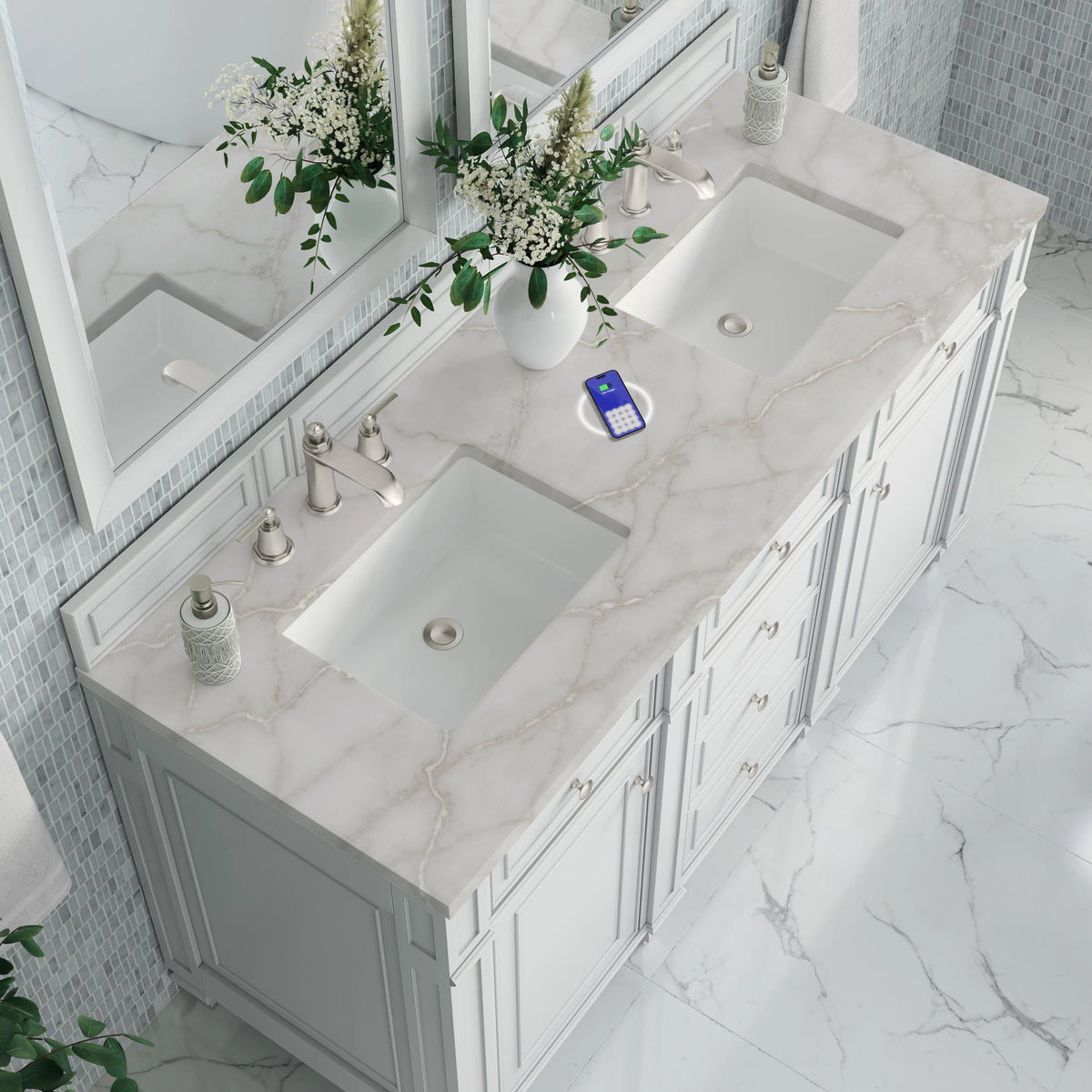 Bristol 60" Double Vanity, Bright White w/ 3 CM Victorian Silver Silestone Top w/FreePower Wireless Charger, view 9