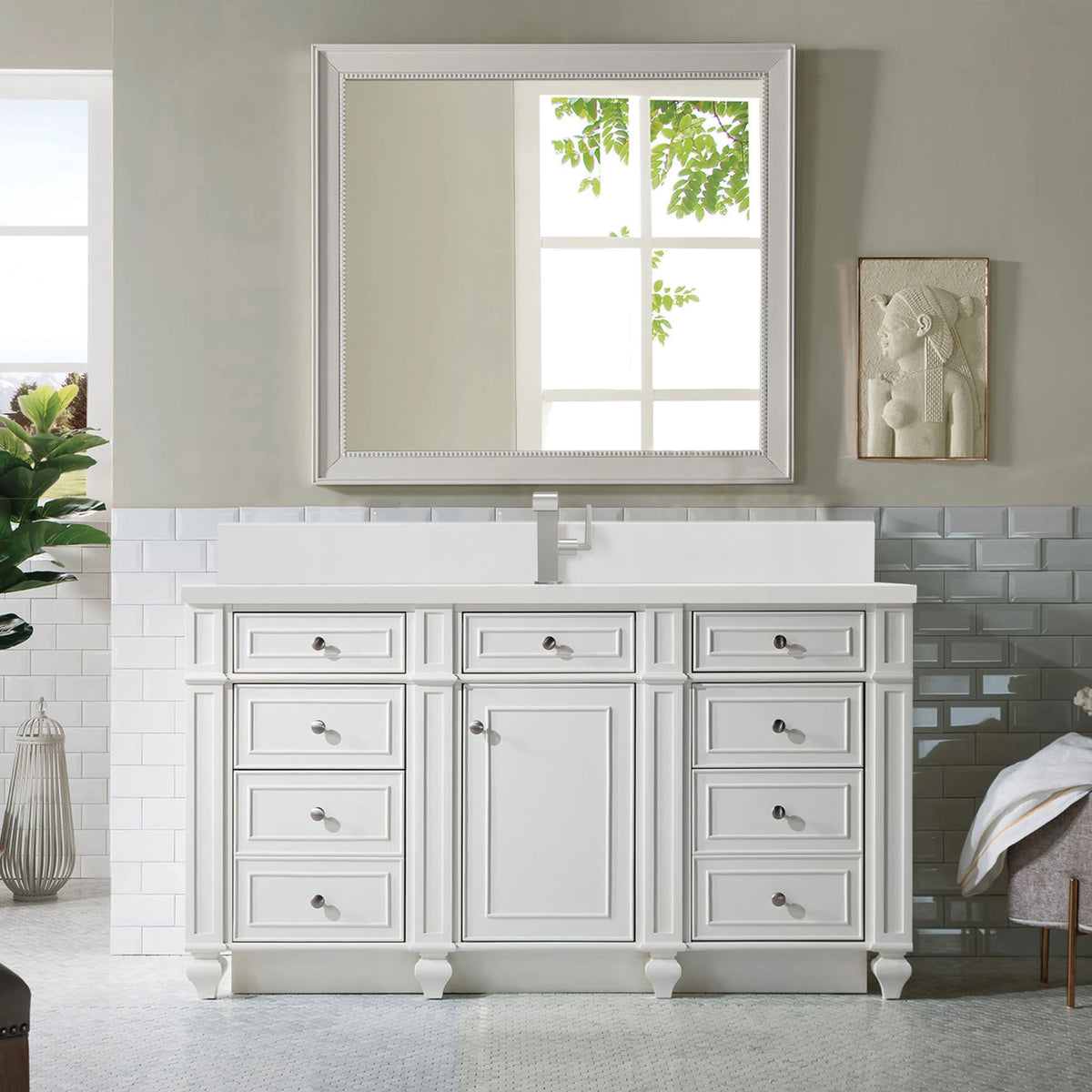 Bristol 60" Single Vanity, Bright White w/ Single Hole 3 CM White Zeus Silestone Top & Backsplash, view 2