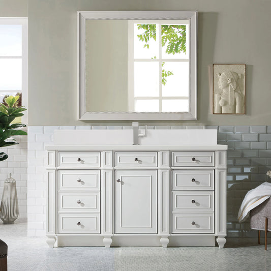 Bristol 60" Single Vanity, Bright White w/ Single Hole 3 CM White Zeus Silestone Top & Backsplash, view 2