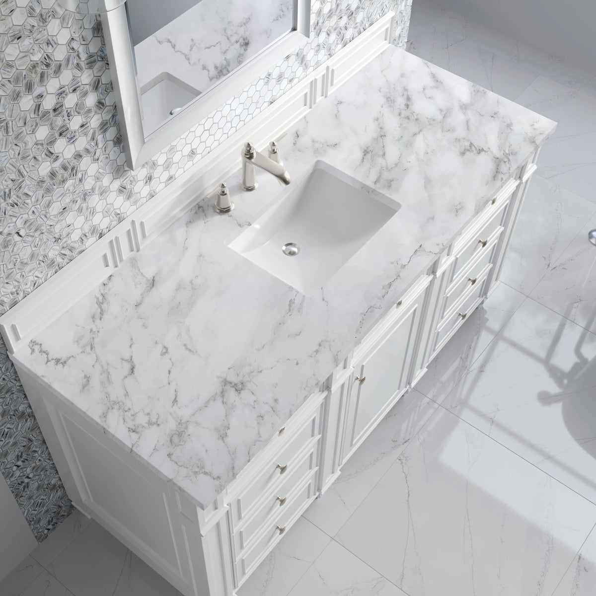 Bristol 60" Single Vanity, Bright White w/ 3 CM Carrara Marble Top, view 6