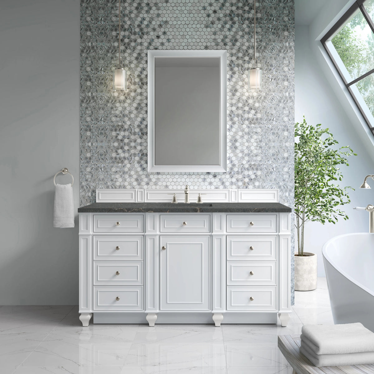 Bristol 60" Single Vanity, Bright White w/ 3 CM Parisien Bleu Silestone Top, view 2