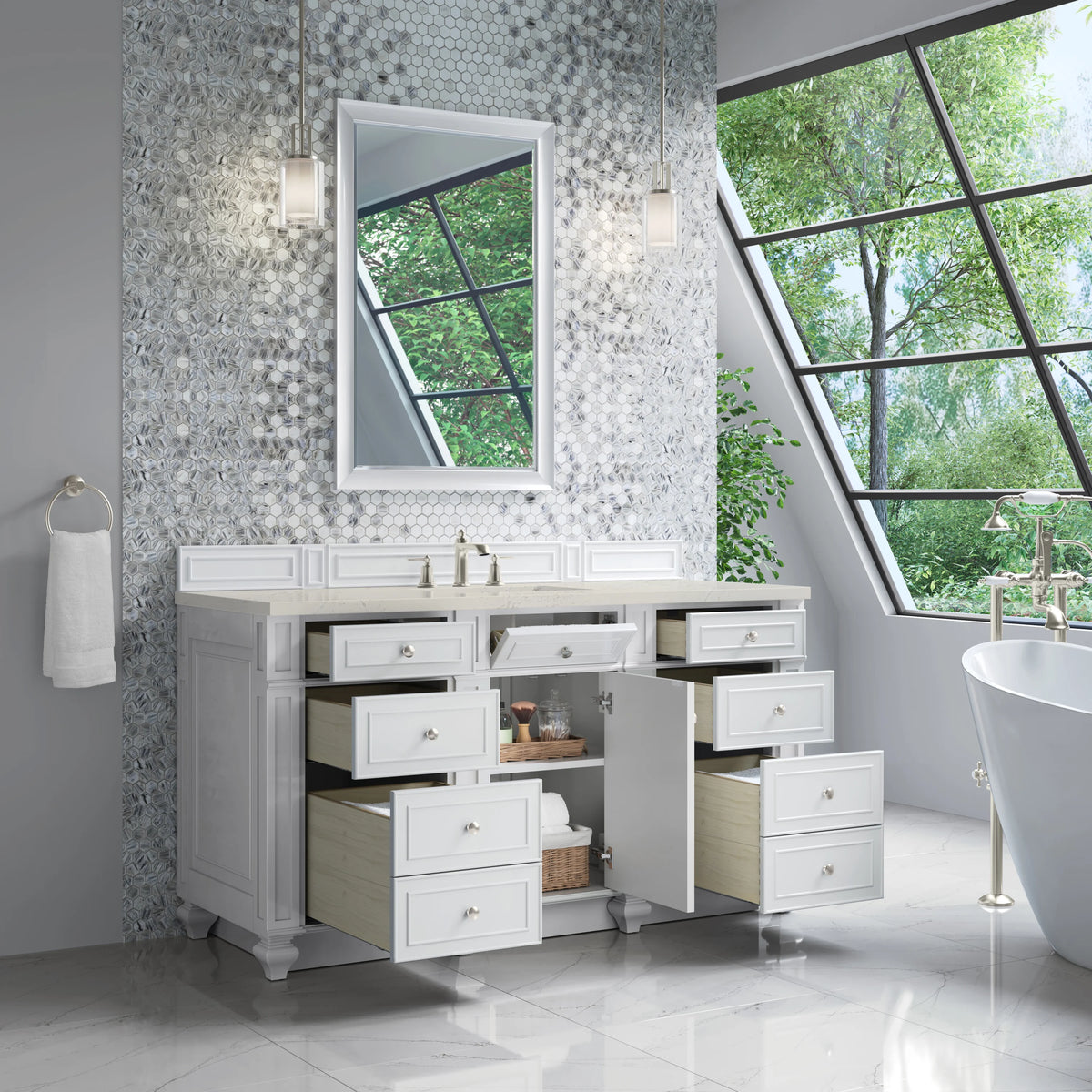 Bristol 60" Single Vanity, Bright White, w/ 3 CM Siberian Silestone Top, view 4