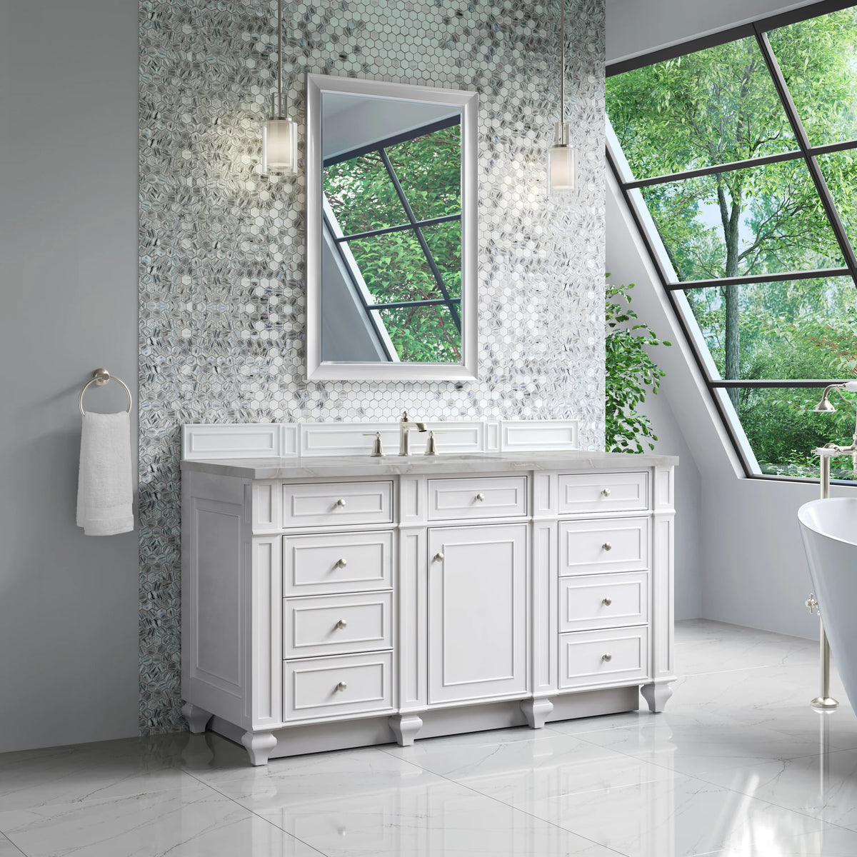 Bristol 60" Single Vanity, Bright White w/ 3 CM Victorian Silver Silestone Top, view 3