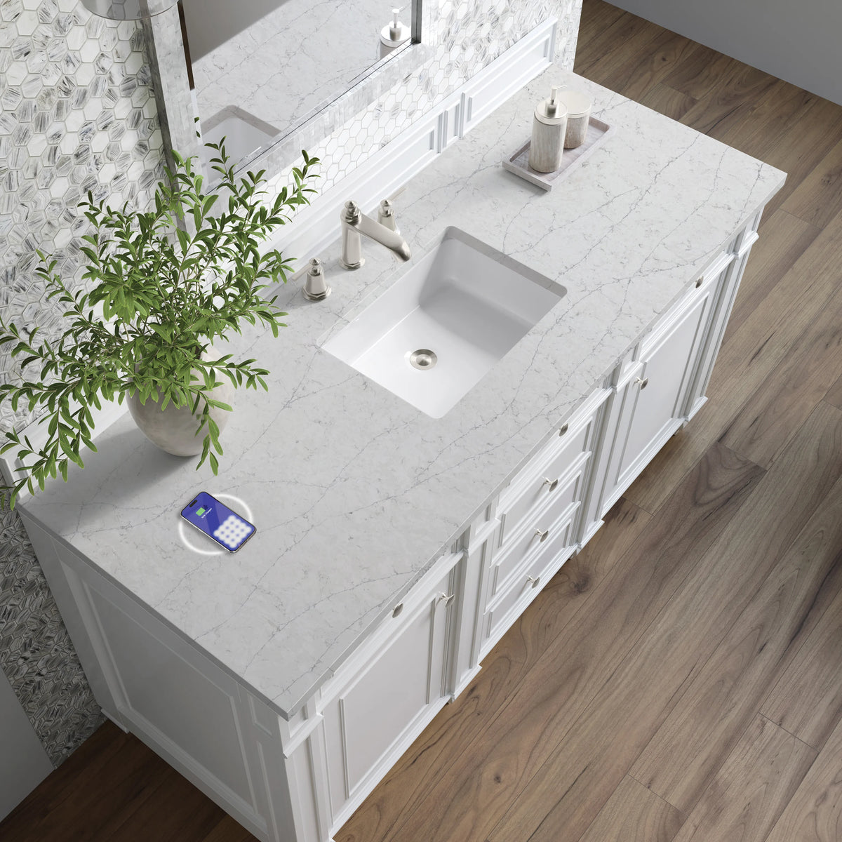 Bristol 60" Single Vanity, Bright White w/ 3 CM Eternal Jasmine Pearl Silestone Top w/FreePower Wireless Charger, view 8