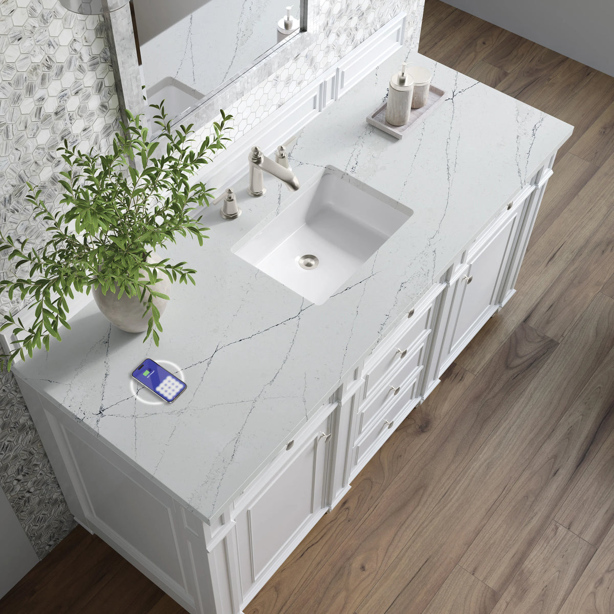 Bristol 60" Single Vanity, Bright White w/ 3 CM Ethereal Noctis Silestone Top w/FreePower Wireless Charger, view 8