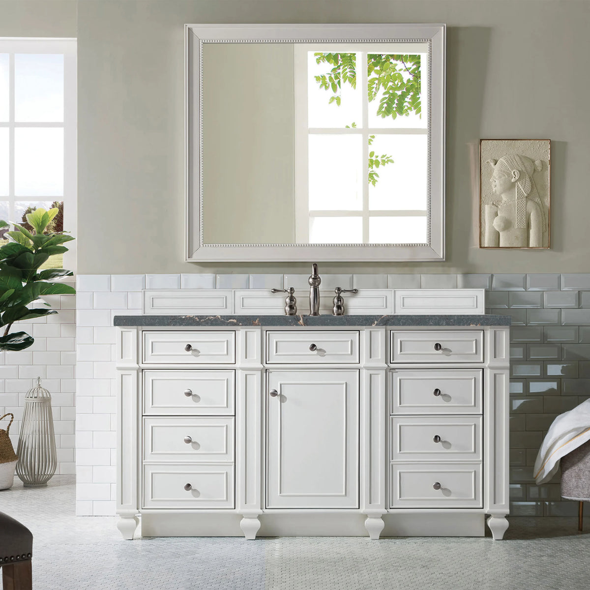 Bristol 60" Single Vanity, Bright White w/ 3 CM Parisien Bleu Silestone Top w/FreePower Wireless Charger, view 5