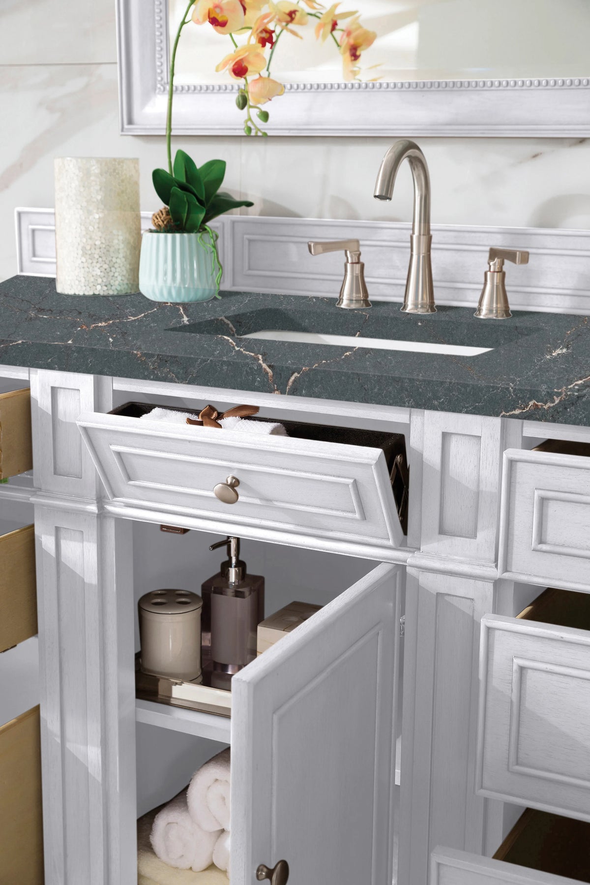 Bristol 60" Single Vanity, Bright White w/ 3 CM Parisien Bleu Silestone Top w/FreePower Wireless Charger, view 7