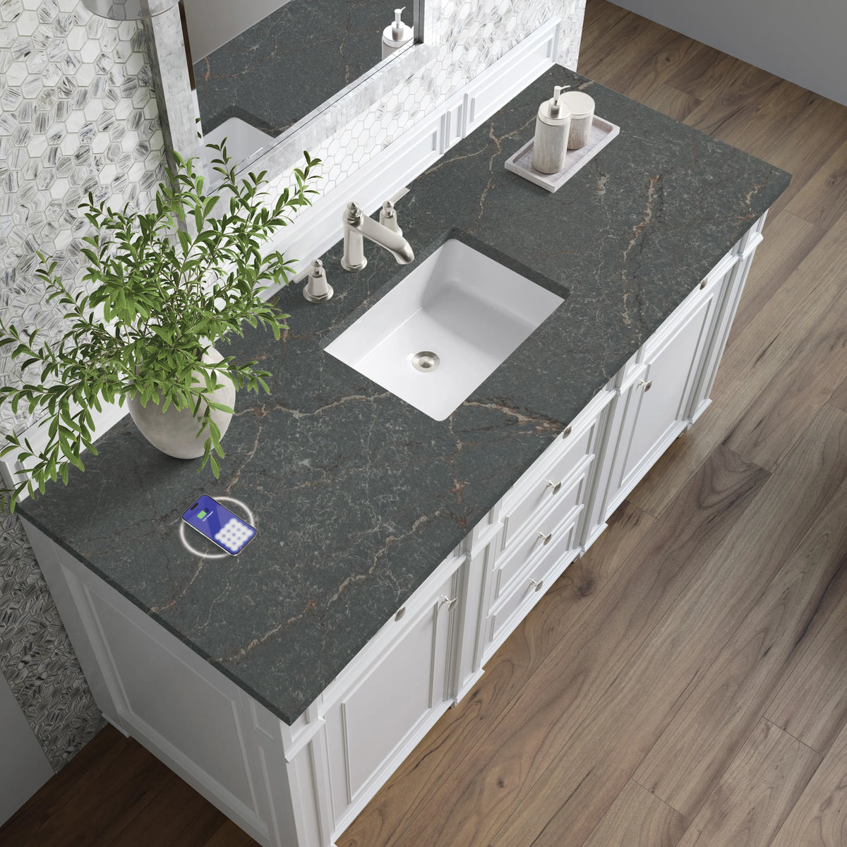 Bristol 60" Single Vanity, Bright White w/ 3 CM Parisien Bleu Silestone Top w/FreePower Wireless Charger, view 8