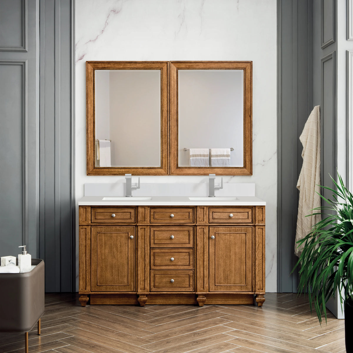 Bristol 60" Double Vanity, Saddle Brown w/ Single Hole 3 CM White Zeus Silestone Top & Backsplash, view 2